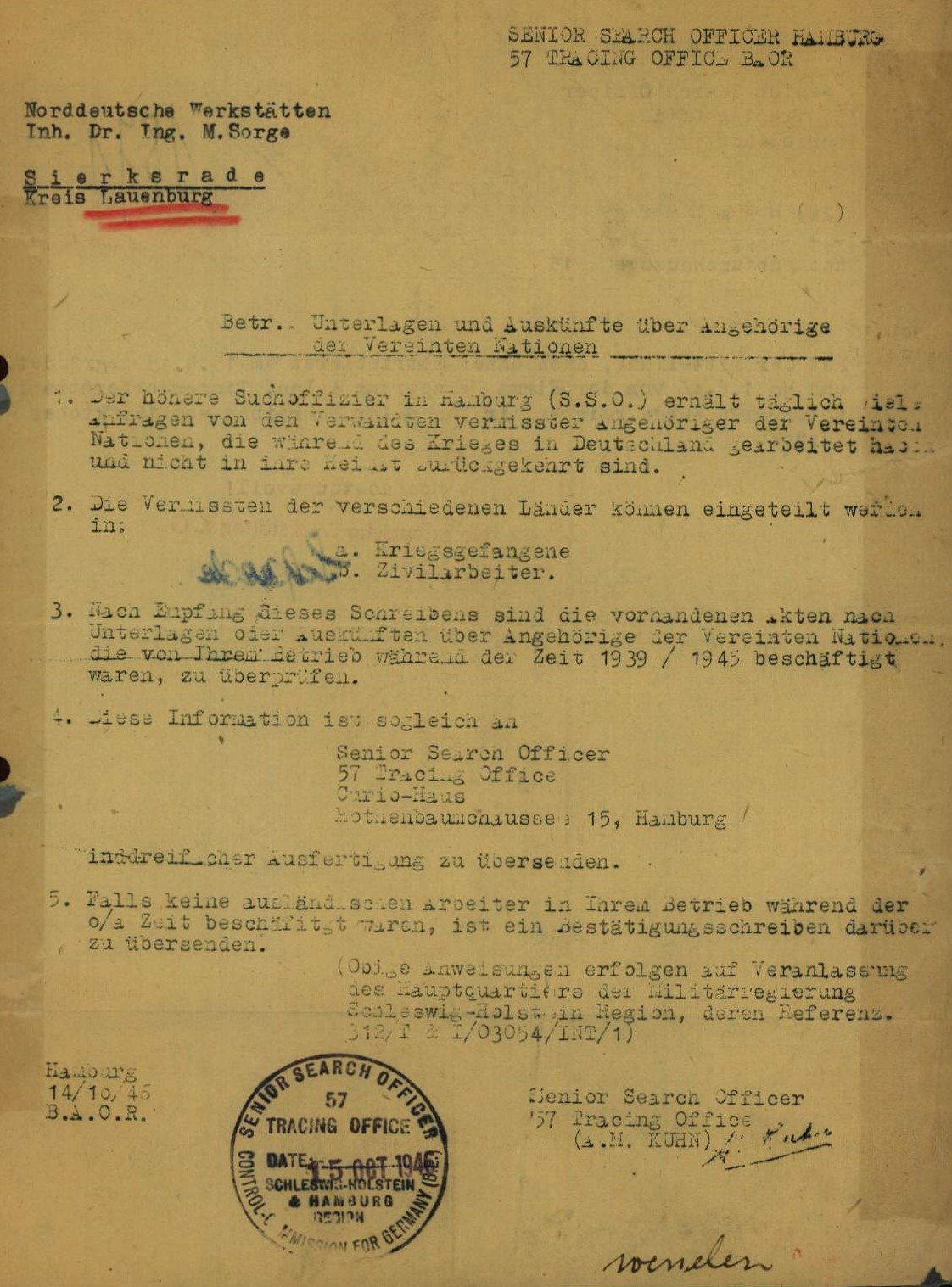 Hier sollte das Anschreiben des Internationalen Suchdienstes (ITS) an alle Gewerbetreibenden vom Oktober 1946 erscheinen!