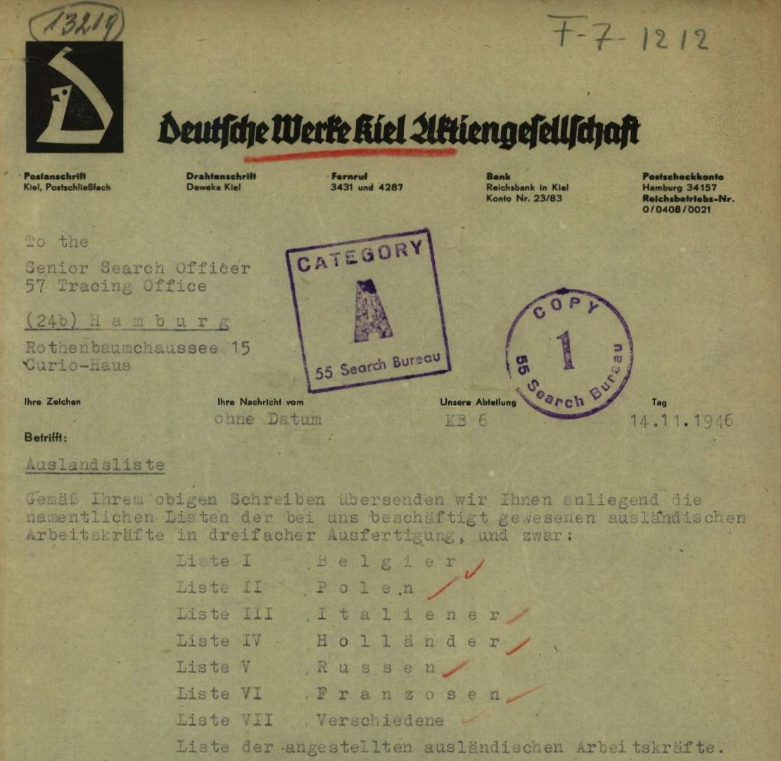 Hier sollte das Schreiben der Werft Deutsche Werke Kiel (DWK) von 1946 erscheinen!