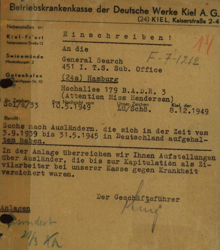 Hier sollte das Schreiben der Betriebskrankenkasse von DWK (Dezember 1949)erscheinen!