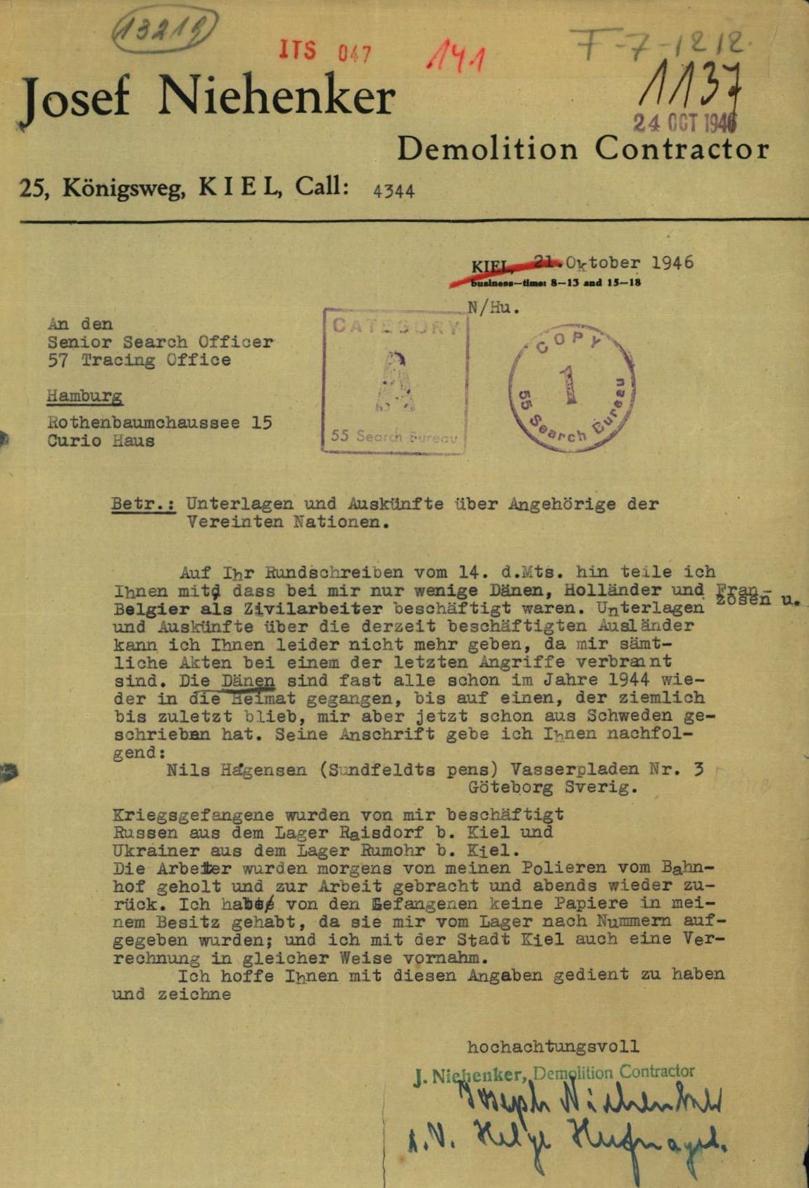 Hier sollte das Schreiben des Kieler Abbruchunternehmers Josef Niehenker von 1946 erscheinen!