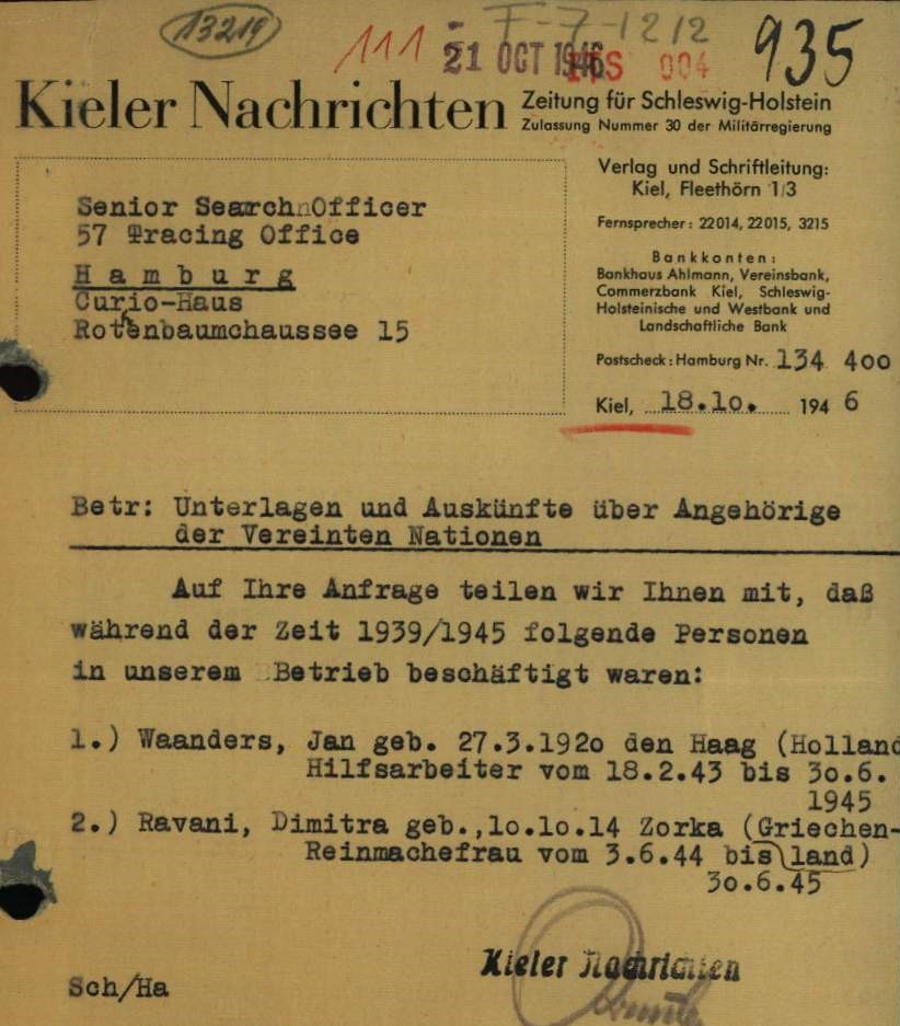 Hier sollte das Schreiben der Kieler Nachrichten von 1946 erscheinen!